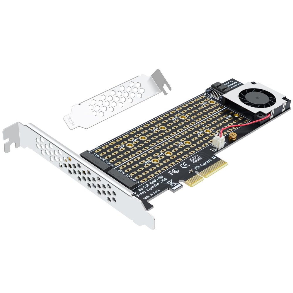 Buacoz PCIe 4.0 X4 to Dual M.2 NVMe Adapter SATA SSD Expansion Card with Cooling Fan - Dual Slot Adapter, 16Gbps Full Speed, NGFF/M.2 Key B+M & M Support