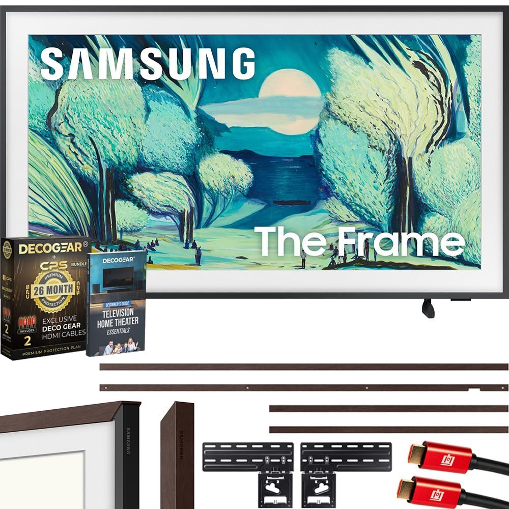 Samsung QN50LS03FA 50" The Frame QLED 4K AI TV (2025) Bundle with Modern Brown Bezel, CPS 26 Month Protection, Slim Flat Mount, 2X HDMI Cables & Deco Gear Complete Home Theater Beginner's Guidebook