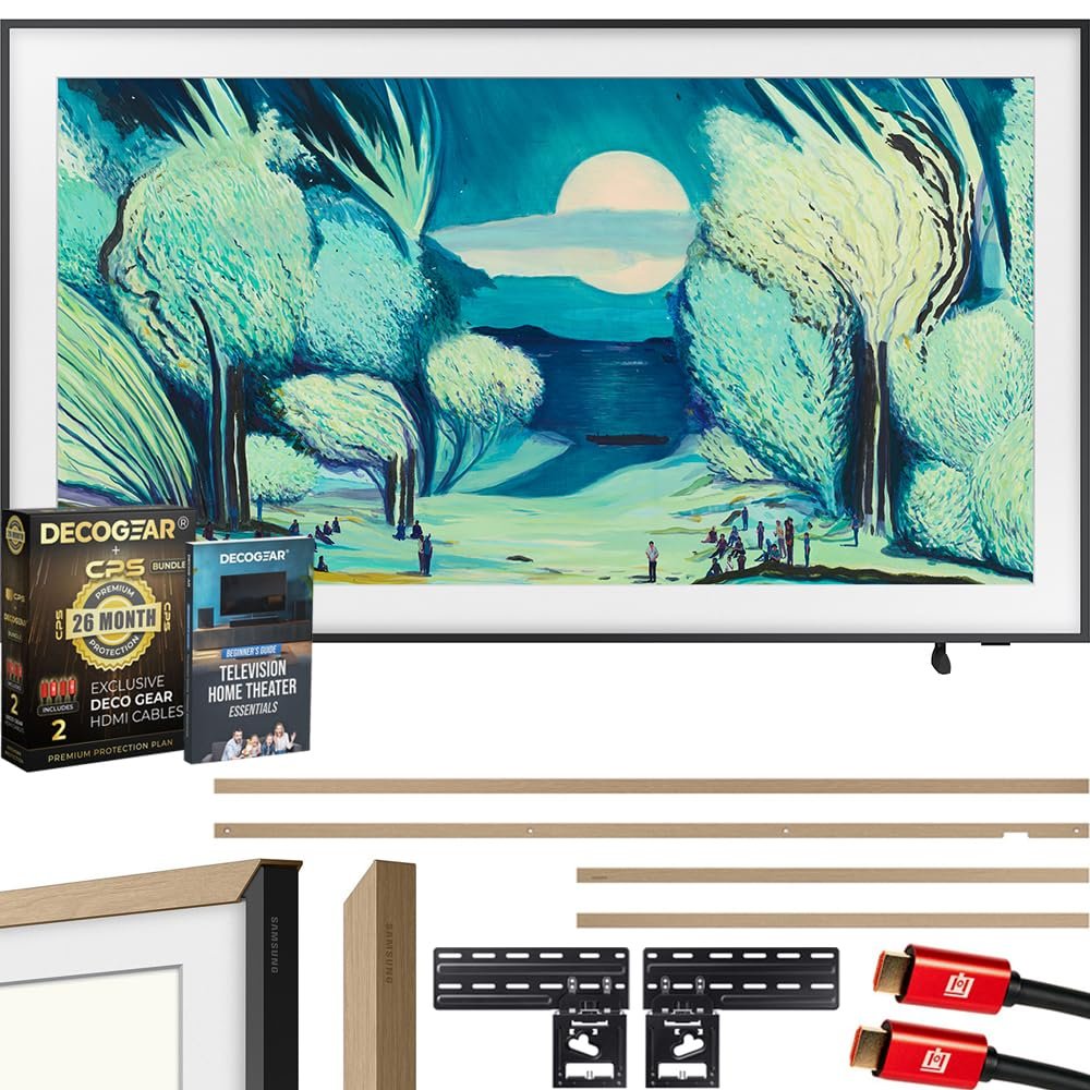 Samsung QN55LS03FA 55" The Frame QLED 4K AI TV (2025) Bundle with Modern Teak Bezel, CPS 26 Month Protection, Slim Flat Mount, 2X HDMI Cables & Deco Gear Complete Home Theater Beginner's Guidebook