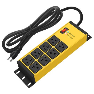 CCCEI Magnetic Heavy Duty Power Strip Surge Protector 20Amp, 12 Gauge High Amp Extension Outlets, Garage Wall Mount 8 Plug Metal Power Strip. 25FT, Yellow, 5-15P Adapter 6-20R T-Slot 20a for Appliance