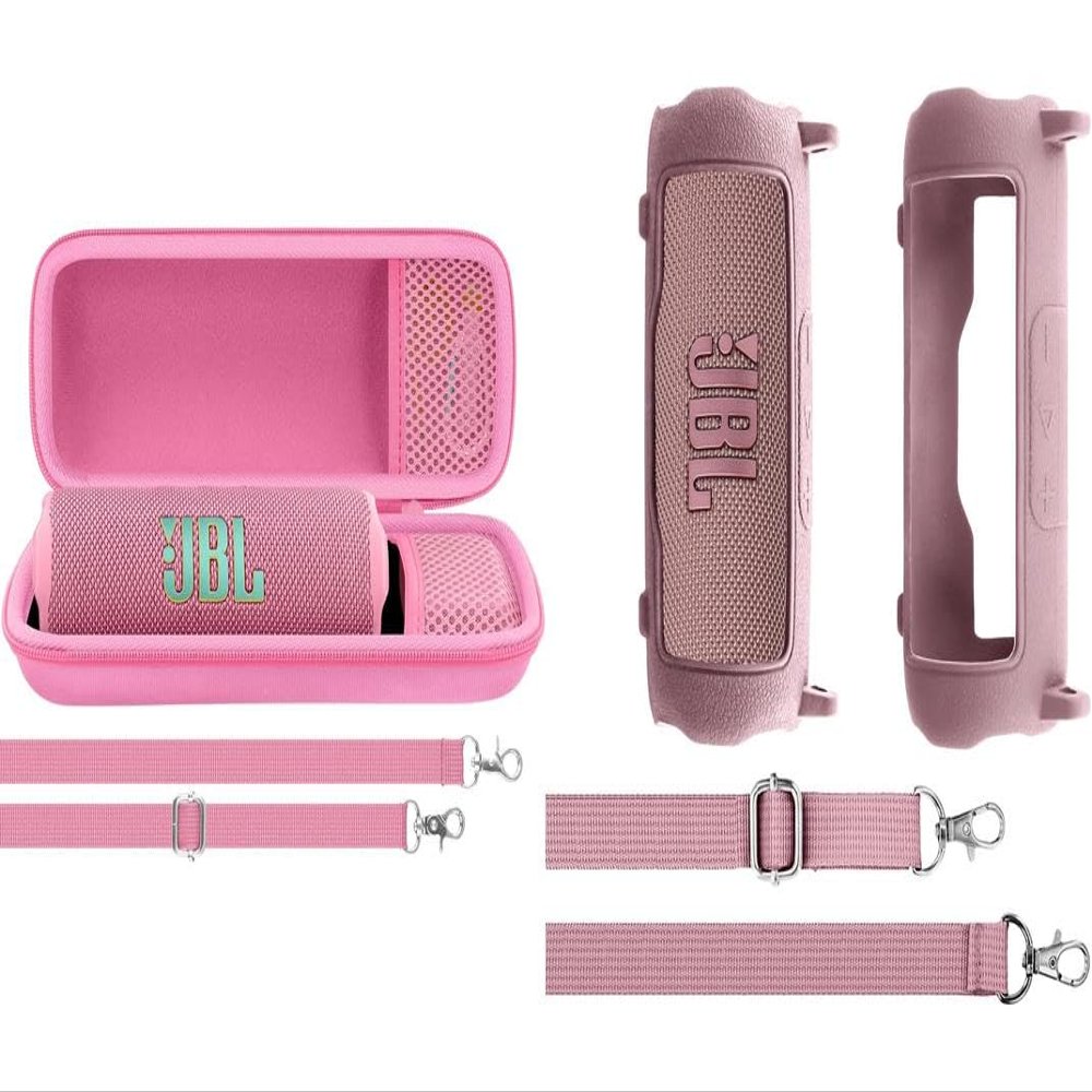 Aenllosi for JBL Flip 7/ Flip 6/ Flip 5 Protable Bluetooth Speaker Hard Case with Adjustable Shoulder Strap+JBL Flip 7 Protable Bluetooth Speaker Silicone Cover CasePink