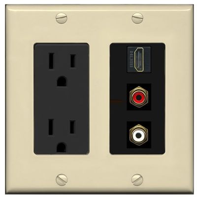 RiteAV HDMI and 2 RCA (Red/White) Wall Plate - Outlet [Ivory/Black]