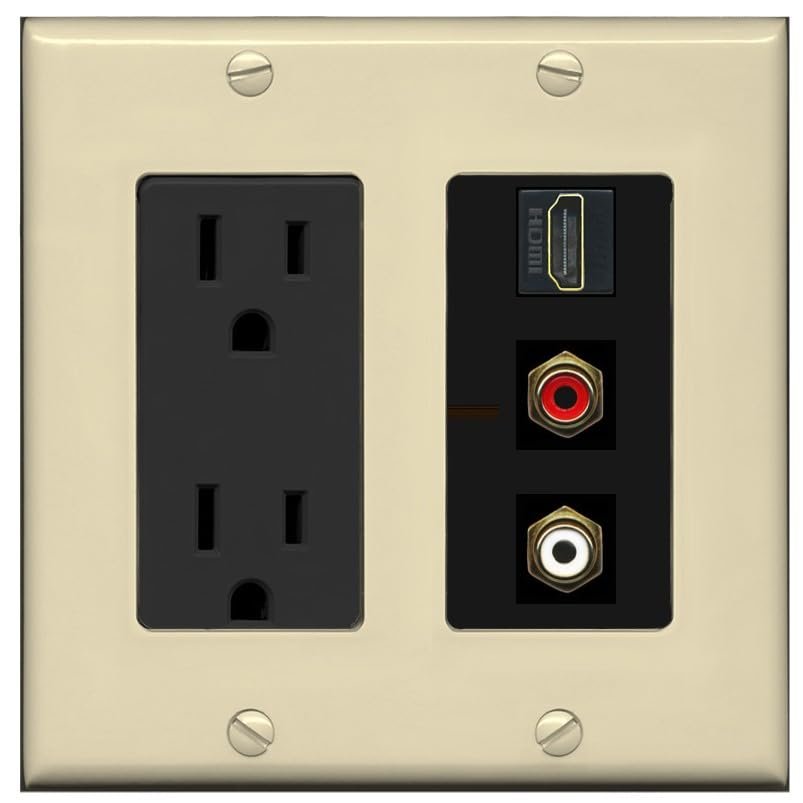 RiteAV HDMI and 2 RCA (Red/White) Wall Plate - Outlet [Ivory/Black]