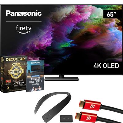 Panasonic TV-65Z85AP Z85 65" OLED 4K UHD Smart Fire TV (2024) Bundle with WN10 Neck Speaker, CPS Exclusive 26 Month Protection, 2X HDMI Cable & Deco Gear Complete Home Theater Beginner's Guidebook