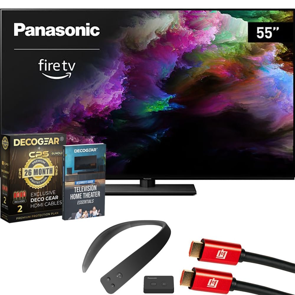 Panasonic TV-55Z85AP Z85 55" OLED 4K UHD Smart Fire TV (2024) Bundle with WN10 Neck Speaker, CPS Exclusive 26 Month Protection, 2X HDMI Cable & Deco Gear Complete Home Theater Beginner's Guidebook