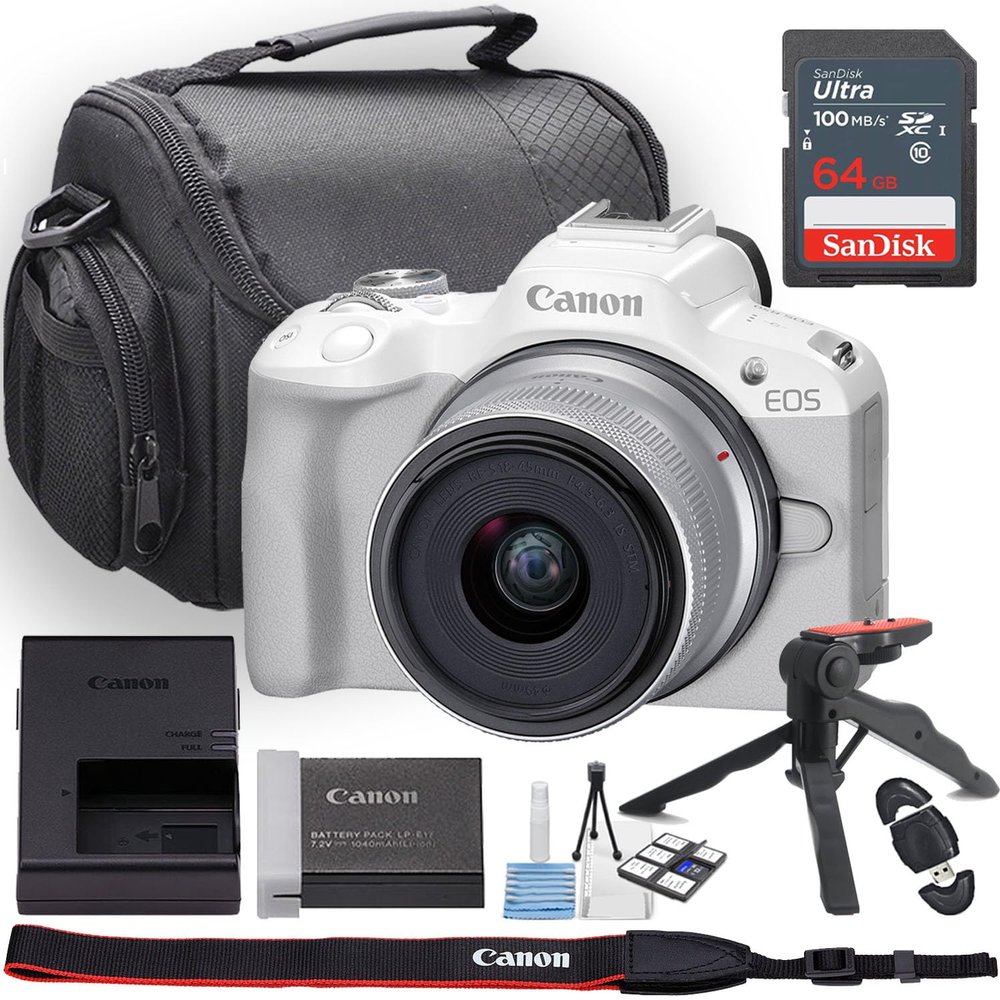 Canon EOS R50 Mirrorless Camera (White) w/Canon RF-S 18-45mm f/4.5-6.3 is STM Lens + Camera Case + 64GB Memory + Deluxe Starter Kit + Hand Grip Stabilizer Tripod + More (13pc Bundle) (Renewed)