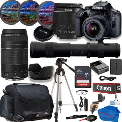 Canon EOS 4000D/Rebel T100 Bundle:Includes 18-55,75-300 & 420-800mmLens,Tripod,64GB Memory Card,Carry Case,3-Piece Filter Kit for Stunning Photos and Videos (Renewed)