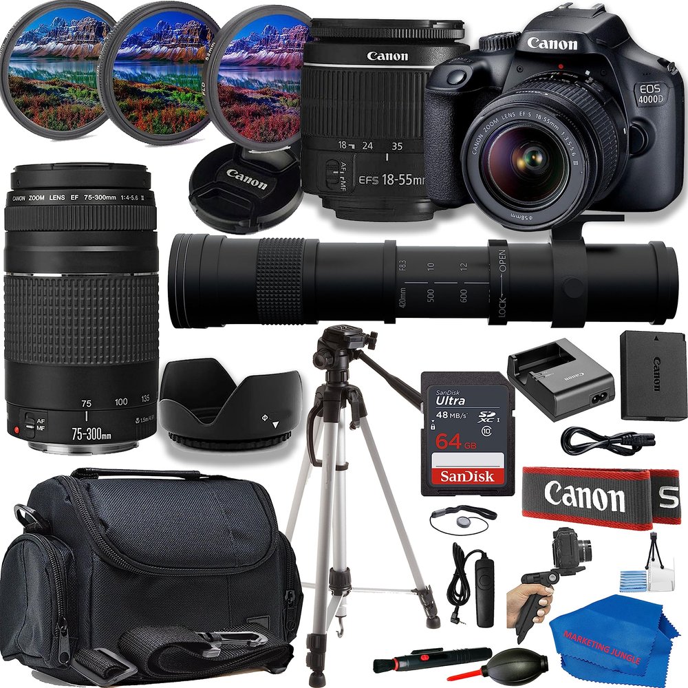 Canon EOS 4000D/Rebel T100 Bundle:Includes 18-55,75-300 & 420-800mmLens,Tripod,64GB Memory Card,Carry Case,3-Piece Filter Kit for Stunning Photos and Videos (Renewed)