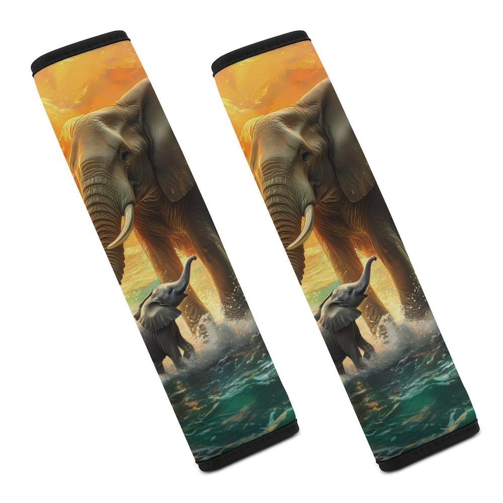 Colorful Seaside Elephants Car Seat Belt Cover Pad Soft Seatbelt Cushion Shoulder Strap Protector 2PCS
