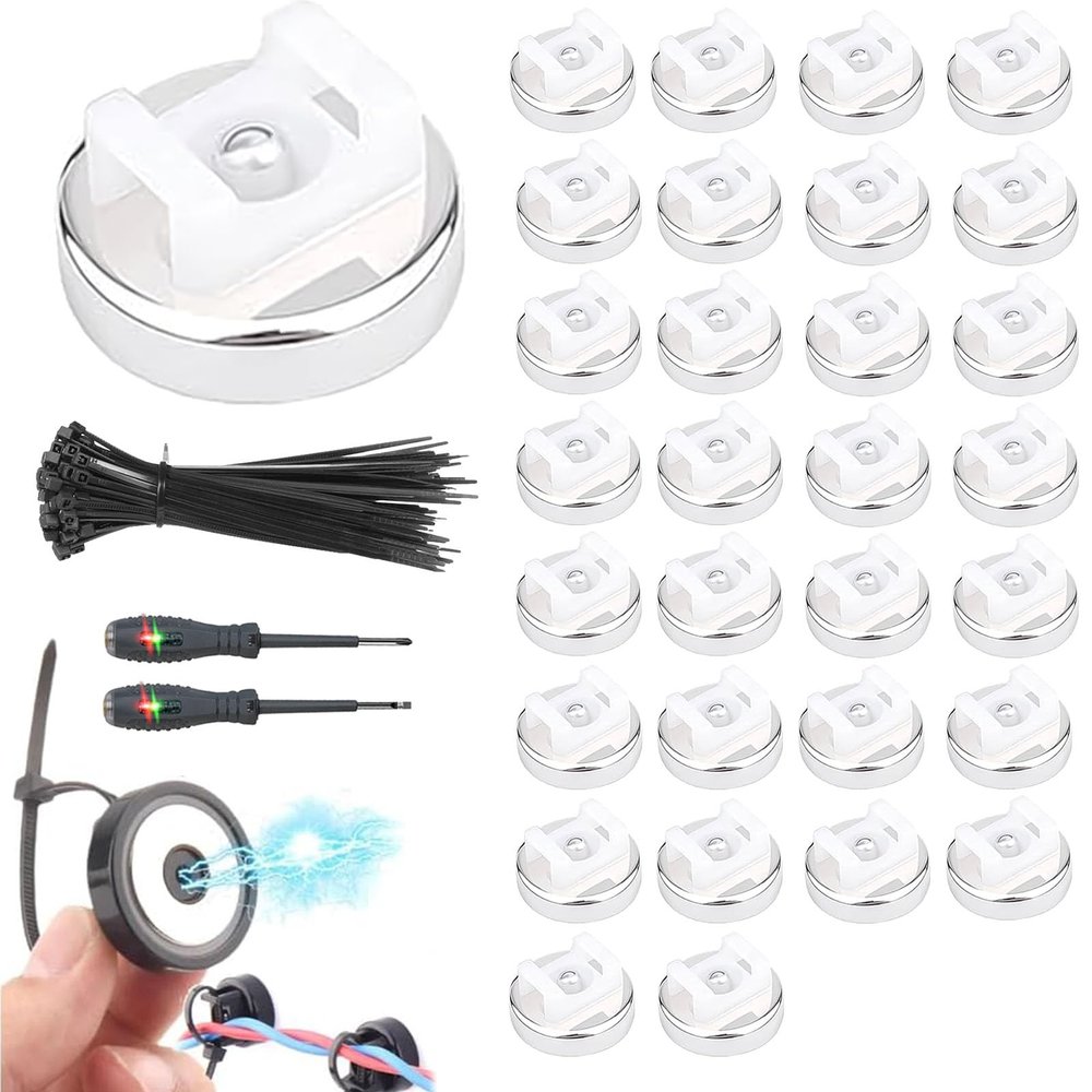 Magnetic Cable Zip Tie Mount Kit, Magnetic Cable Tie Holder for Cable Management, Flexible Magnetic Cable Holder with Nylon Zip Ties, for Home Office Marine (White-30pcs, 16mm)