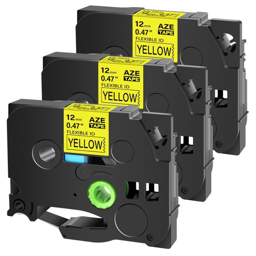Flexible ID Laminated Tapes 3-10PK Compatible with Tz Tze-FX231 631 131 12mm Black On White for PT-1000 PT-E500 Compatible Products(3PK Black on Yellow)