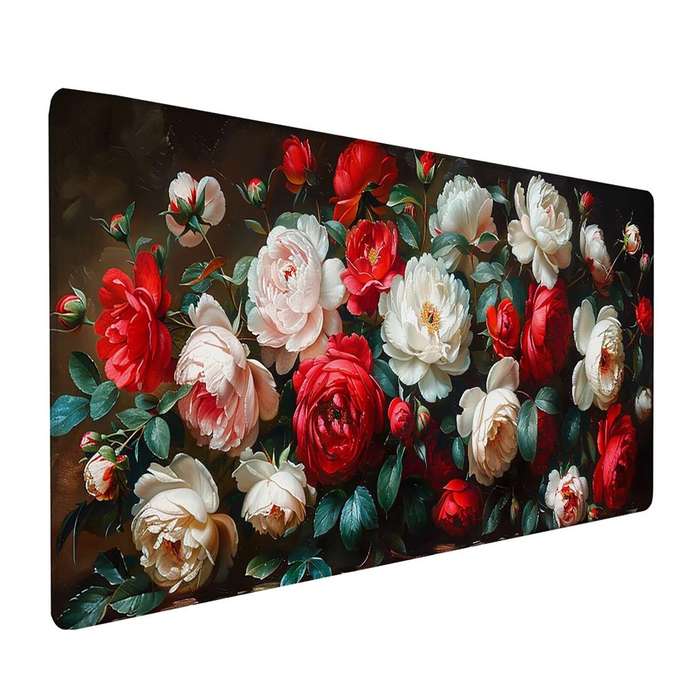 Red Mouse Pad Large 48x24 in, Extended Desk Mat with Stitched Edges, Gaming Mousepad with Non-Slip Rubber Base, Keyboard Mat for Desk Accessories and Computer Accessories, Gifts for Men, Flower 5-3168