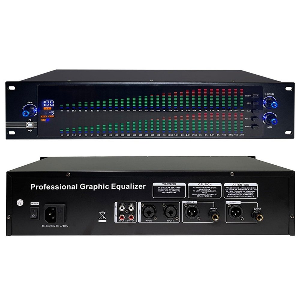 31 Dual Bands Graphic Equalizer,Professional Audio Spectrum Analyzer, with LCD Screen Display,Middle and Bass Adjustment for Stage Live Production