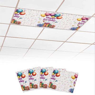 4 PCS Fluorescent Light Covers - Happy Birthday Balloon Present Magnetic Light Filters for Ceiling Light,Celebration Party Ribbons Light Shade Panel for Office Classroom Home Decor,4 x 2 Feet
