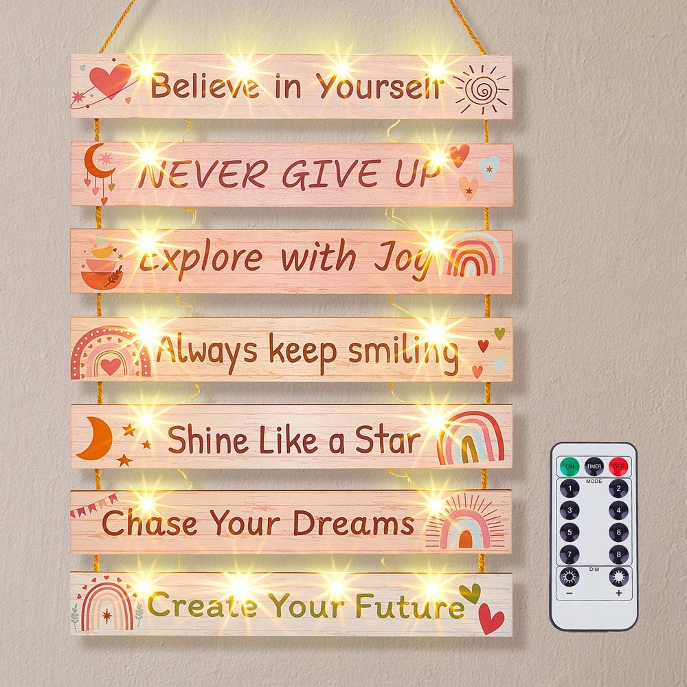FIOBEE Girls Room Dcor for Teen Girls Boys with LED Light Wall Decor for Bedroom Motivational Inspirational Wall Art Room Decoration for Kids Studyroom, 8 Kinds of Lights, Pink Boho