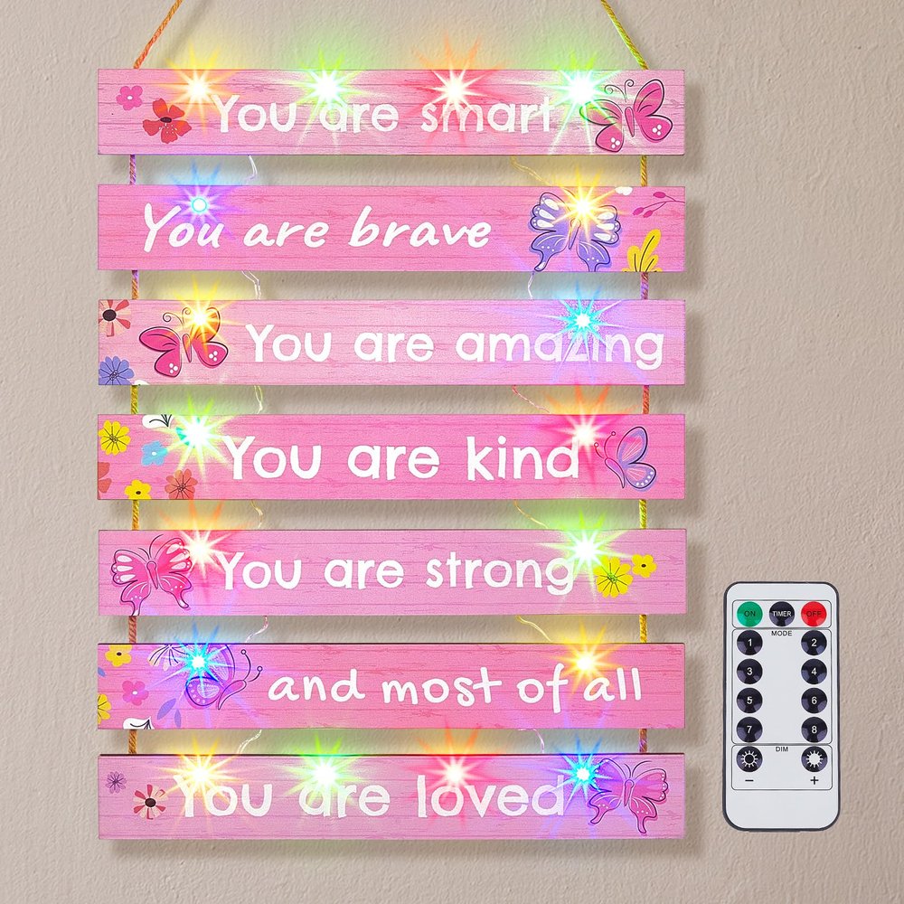 FIOBEE Girls Room Dcor for Teen Girls Boys with LED Light Wall Decor for Bedroom Motivational Inspirational Wall Art Room Decoration for Kids Studyroom, 8 Kinds of Lights, Light Pink Butterfly
