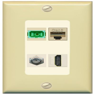 RiteAV 1 Port Fiber Optic Jack SC Simplex APC + Cat6 + Coax + HDMI Wall Plate - 1 Gang Decorative [Ivory/Light-Almond]