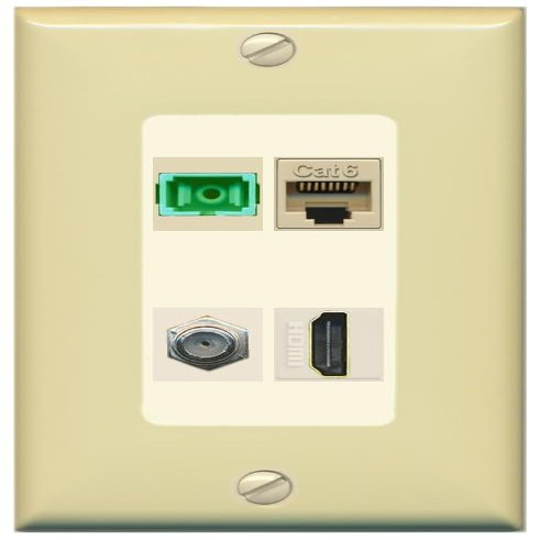 RiteAV 1 Port Fiber Optic Jack SC Simplex APC + Cat6 + Coax + HDMI Wall Plate - 1 Gang Decorative [Ivory/Light-Almond]