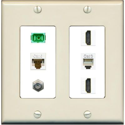 RiteAV 1 Port Fiber Optic Jack SC Simplex APC + Cat6 + Coax + 2 x HDMI + Phone Wall Plate - 2 Gang [Light-Almond/White]