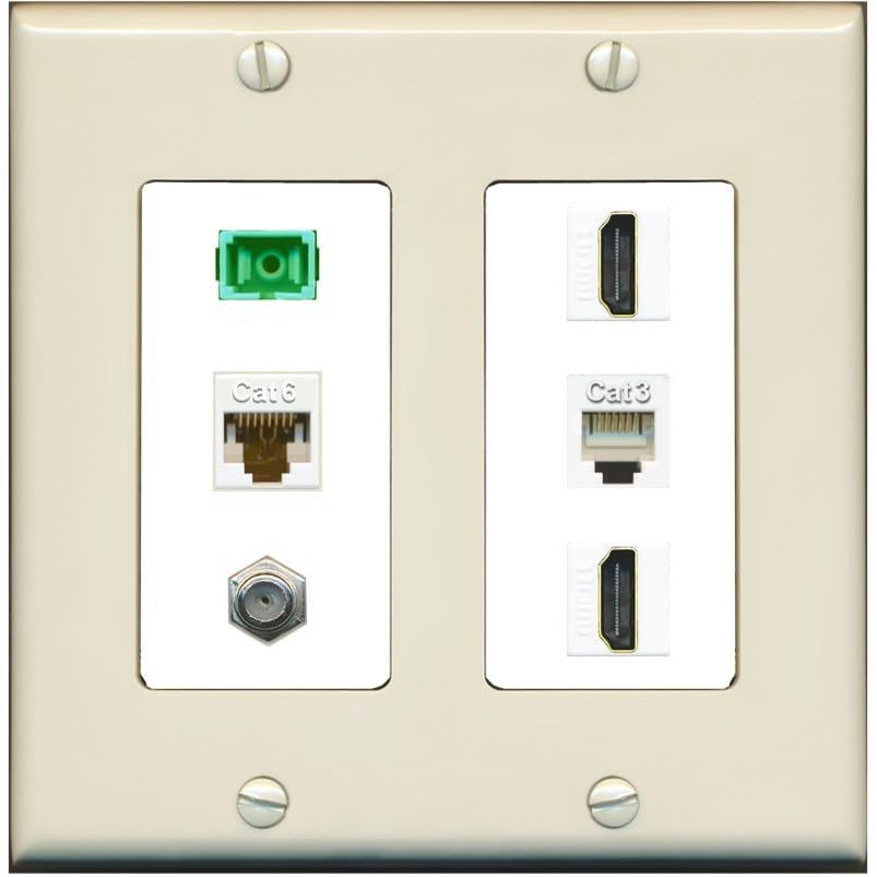 RiteAV 1 Port Fiber Optic Jack SC Simplex APC + Cat6 + Coax + 2 x HDMI + Phone Wall Plate - 2 Gang [Light-Almond/White]
