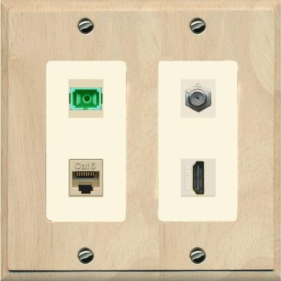RiteAV 1 Port Fiber Optic Jack SC Simplex APC + Cat6 + Coax + HDMI Wall Plate - 2 Gang [Wood/Light-Almond]