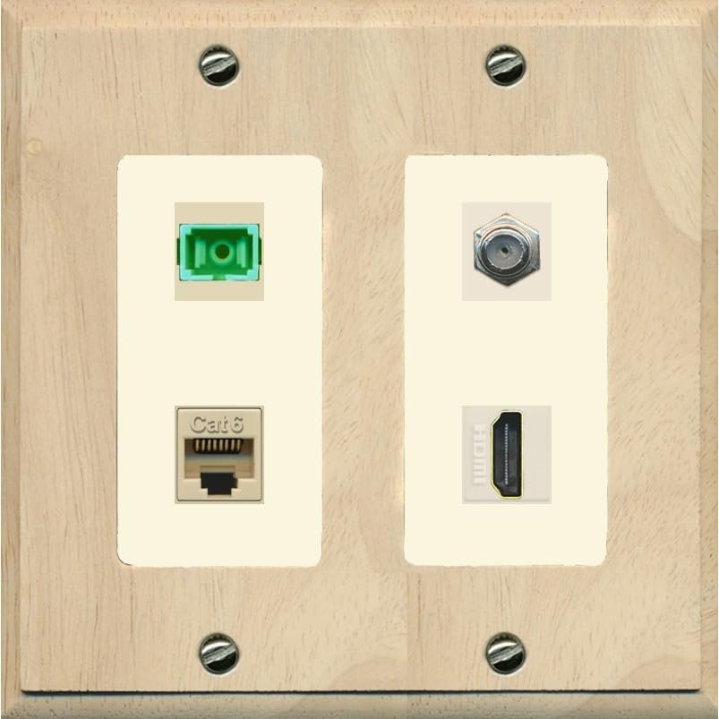 RiteAV 1 Port Fiber Optic Jack SC Simplex APC + Cat6 + Coax + HDMI Wall Plate - 2 Gang [Wood/Light-Almond]