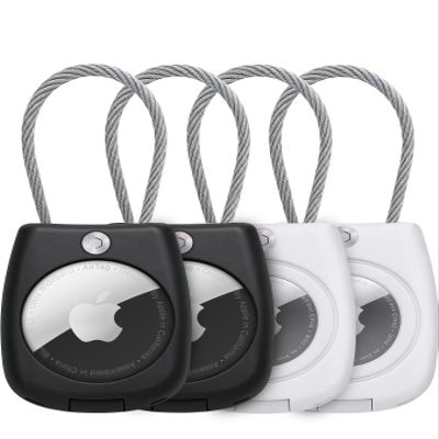 EVEO Apple AirTag Holder - (4 Pack) Waterproof AirTag Holder for Luggage | AirTag Keychain Holder Secure Lock Wire Cable, Apple Airtag Case, AirTags 4 Pack for Luggage, Keys. (Black, White)