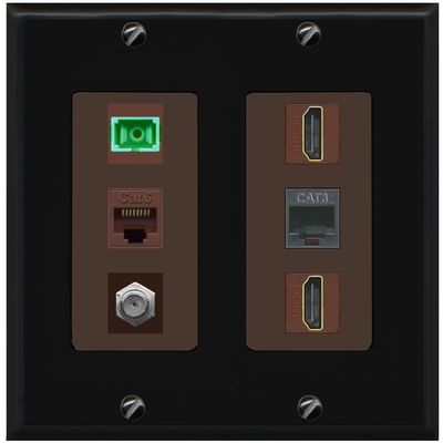 RiteAV 1 Port Fiber Optic Jack SC Simplex APC + Cat6 + Coax + 2 x HDMI + Phone Wall Plate - 2 Gang [Black/Brown]