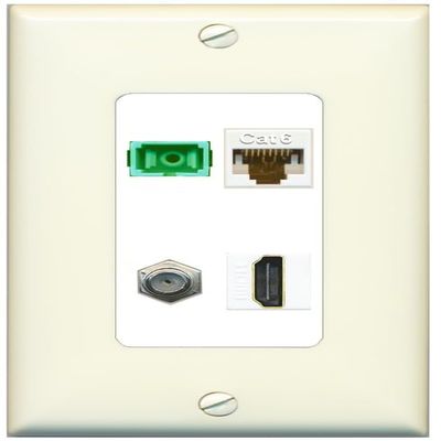 RiteAV 1 Port Fiber Optic Jack SC Simplex APC + Cat6 + Coax + HDMI Wall Plate - 1 Gang Decorative [Light-Almond/White]