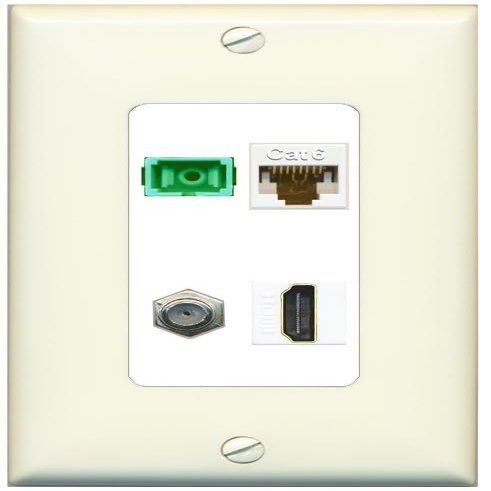 RiteAV 1 Port Fiber Optic Jack SC Simplex APC + Cat6 + Coax + HDMI Wall Plate - 1 Gang Decorative [Light-Almond/White]