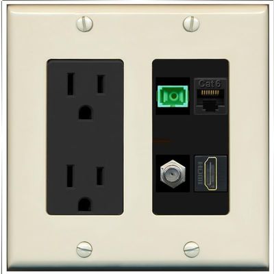 RiteAV 1 Port Fiber Optic Jack SC Simplex APC + Cat6 + Coax + HDMI Wall Plate - Outlet [Light-Almond/Black]