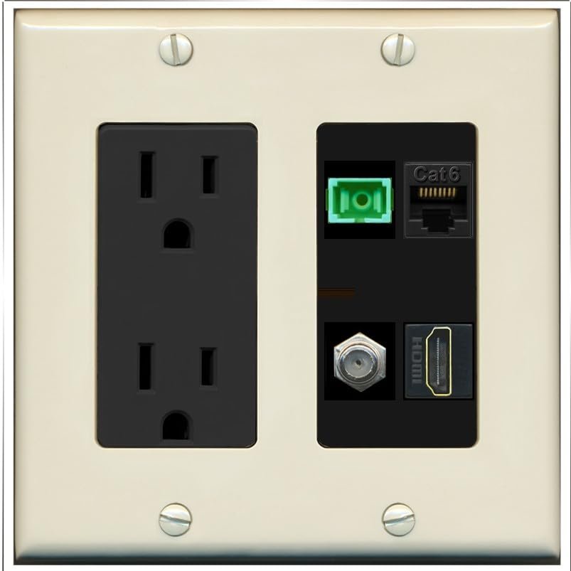 RiteAV 1 Port Fiber Optic Jack SC Simplex APC + Cat6 + Coax + HDMI Wall Plate - Outlet [Light-Almond/Black]