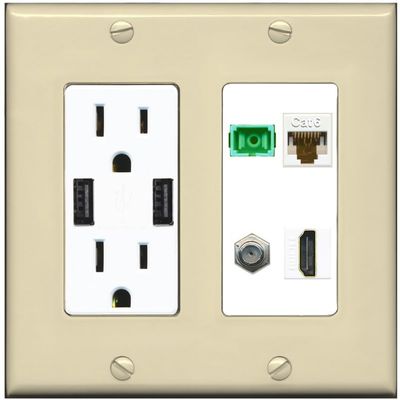 RiteAV 1 Port Fiber Optic Jack SC Simplex APC + Cat6 + Coax + HDMI Wall Plate - USB Charger Outlet [Ivory/White]