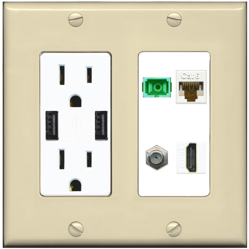 RiteAV 1 Port Fiber Optic Jack SC Simplex APC + Cat6 + Coax + HDMI Wall Plate - USB Charger Outlet [Ivory/White]