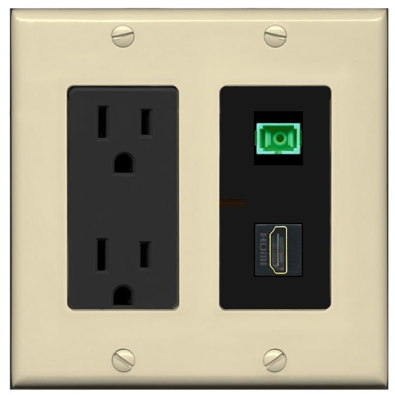 RiteAV 1 Port Fiber Optic Jack SC Simplex APC + HDMI Wall Plate - Outlet [Ivory/Black]