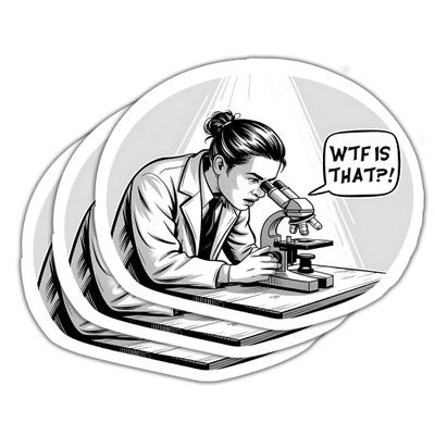 (3 Pcs) WTF is That?! Sticker - Scientist Looking at Something Under A Microscope - Funny Science Biology - Biology Joke - Science Jokes - Humor Microscope - Decal 3 Inch for Laptop Water Bottles