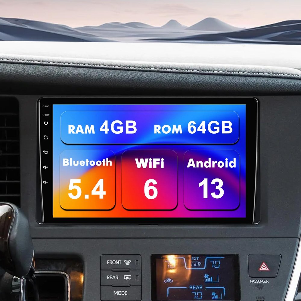 4+64G Android 13 Double Din Car Stereo for Toyota Sienna 2015-2018 with 9 Inch Touchscreen Radio Built-in Wireless Carplay/Android Auto/GPS/Bluetooth/FM/AUX-in/Steering Wheel Controls/Backup Camera