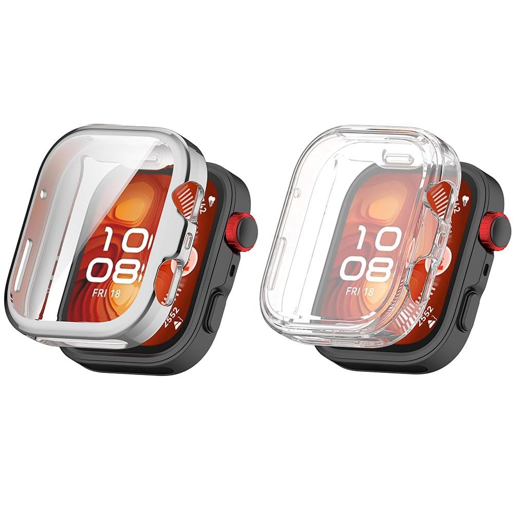 2 Pack Cases Compatible with Huawei Watch Fit 4 with Screen Protector, Flexible TPU Shockproof Scratch Proof Cover Case for Huawei Watch Fit 4 (Clear/Silver)