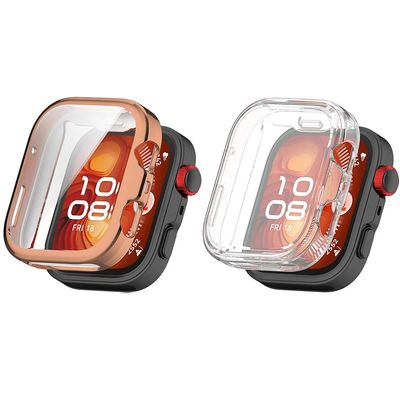 2 Pack Cases Compatible with Huawei Watch Fit 4 with Screen Protector, Flexible TPU Shockproof Scratch Proof Cover Case for Huawei Watch Fit 4 (Clear/Rose Gold)