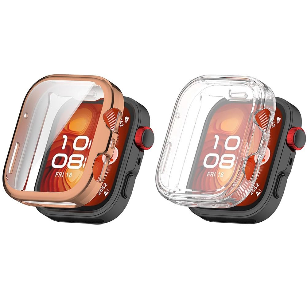 2 Pack Cases Compatible with Huawei Watch Fit 4 with Screen Protector, Flexible TPU Shockproof Scratch Proof Cover Case for Huawei Watch Fit 4 (Clear/Rose Gold)