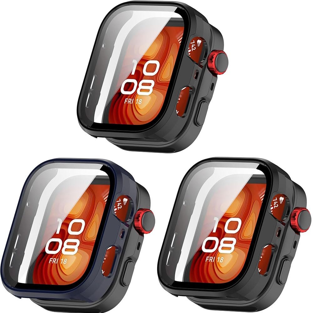 3 Pack Hard Cases with for Huawei Watch Fit 4, Hard PC Protective Case Shockproof Anti-Scratch Bumper Cover (Black/Dark Blue/Black)