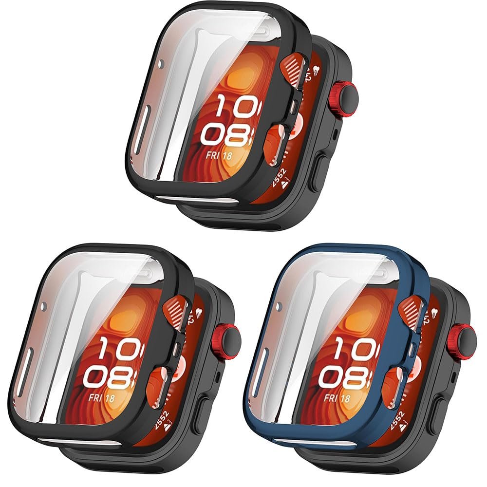 3 Pack Cases Compatible with Huawei Watch Fit 4 Pro with Screen Protector, Flexible TPU Shockproof Scratch Proof Cover Case for Huawei Watch Fit 4 Pro (Black/Blue/Black)