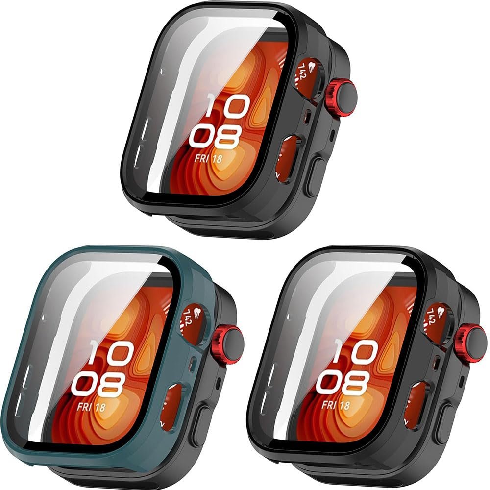 3 Pack Hard Case for Huawei Watch Fit 4 Pro, Hard PC Protective Case Shockproof Anti-Scratch Bumper Cover (Black/Green/Black)