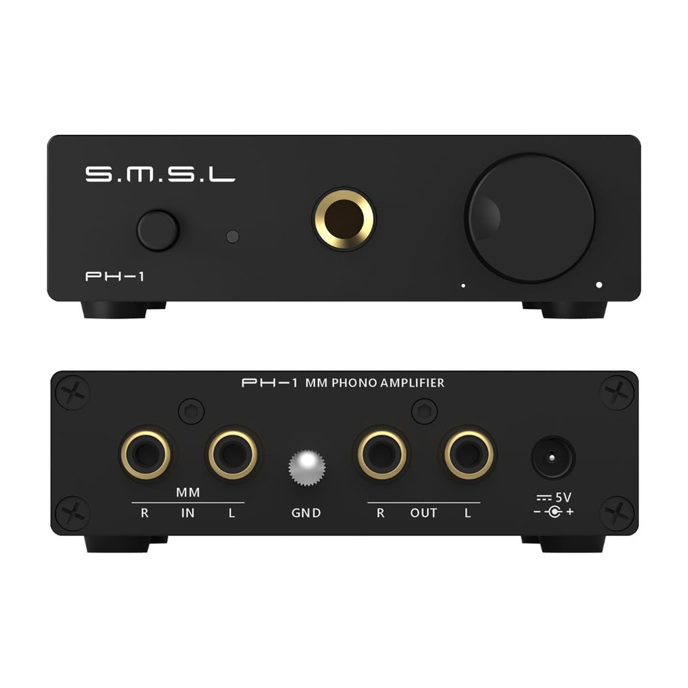 S.M.S.L PH-1 Phono Preamp for MM Turntable, MM Phono Amp Preamplifier for Phonograph Record Player Active Speakers, RCA/6.35mm Headphone Amplifier Pre-amp with Gain 46dB DC5V Power