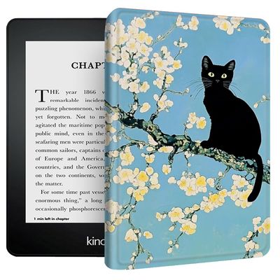 Case for 7" Kindle Paperwhite 2024 (12th Gen) & Kindle Colorsoft Signature Edition, Lightweight Shockproof Rugged Durable Cover with Auto Wake/Sleep for Kindle 2024, Apricot Flower Black Cat
