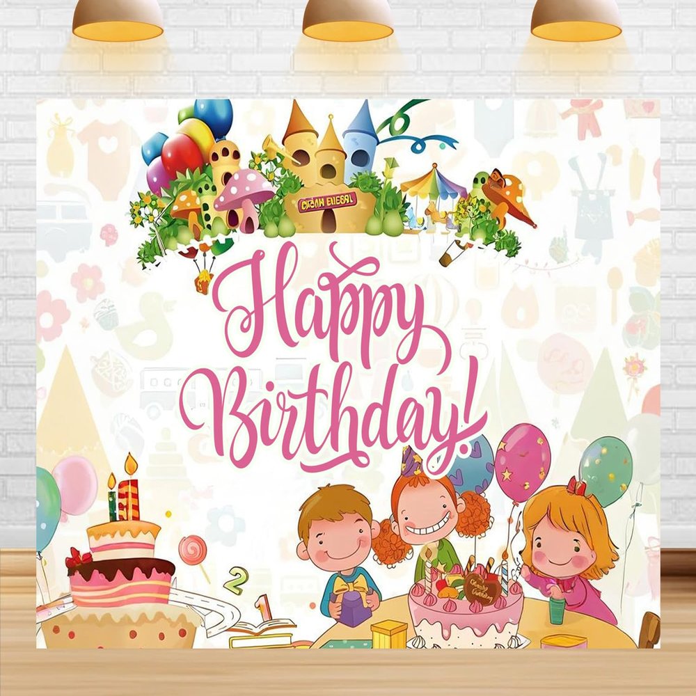 15X8ft Happy Birthday Cartoon Castle Backdrop Banner Children's Friends Party Cake Birthday Decoration Props