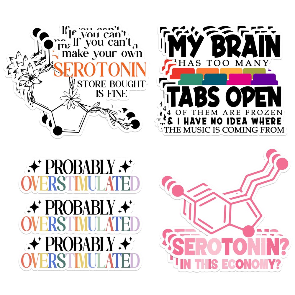 12 Pcs Mental Health Quote Stickers My Brain Has Too Many Tabs Open, Probably Overstimulated, Serotonin in This Economy, Mental Health Medical Vinyl Waterproof Decal for Water Bottle, Laptop 3 Inch
