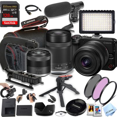 Canon EOS R50V Mirrorless Camera with 14-30mm + 55-210mm Lenses, 128GB Memory, Video Light, Microphone, Filters, U-Grip, Case, Software and More (Vlogger Bundle) (Renewed)