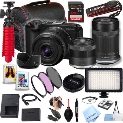 Canon EOS R50V Mirrorless Camera with 14-30mm + 55-210mm Lenses, 128GB Extreme Speed Memory, Video Light, Filters, Case, Software and More (Essential Bundle) (Renewed)