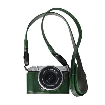 BMAOLLONGB X-M5 Case, Handmade Genuine Real Leather Half Camera Case Bag Cover for Fujifilm X-M5 Bottom Opening Version + Neck Strap (Green)